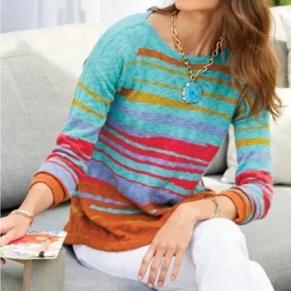 Soft Surroundings Striped Sweater Earth Tones Boat Neck Tunic Blue Size Large - Picture 1 of 8